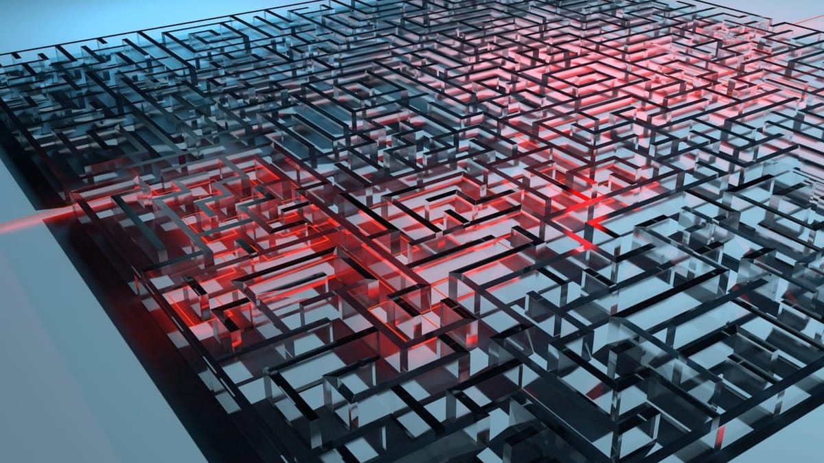 Abstract image suggesting algorithmic gatekeeping, with layered forms controlling visibility and access before outcomes emerge.