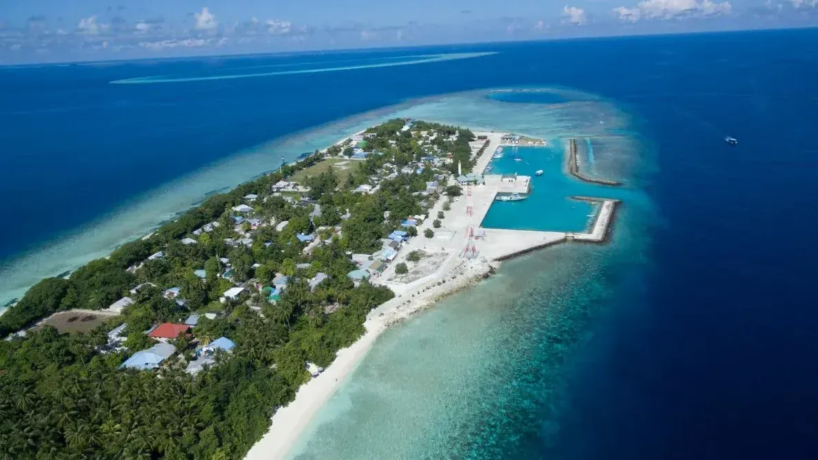Aerial view of Ukulhas Island and harbor, representing the geographic and operational foundation of the island’s tourism development.