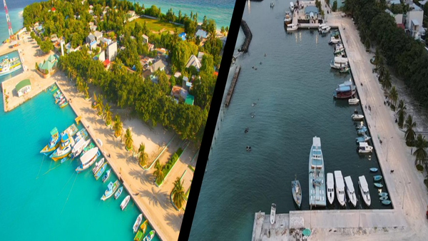 Ukulhas harbor fishing boats and speedboats before and now